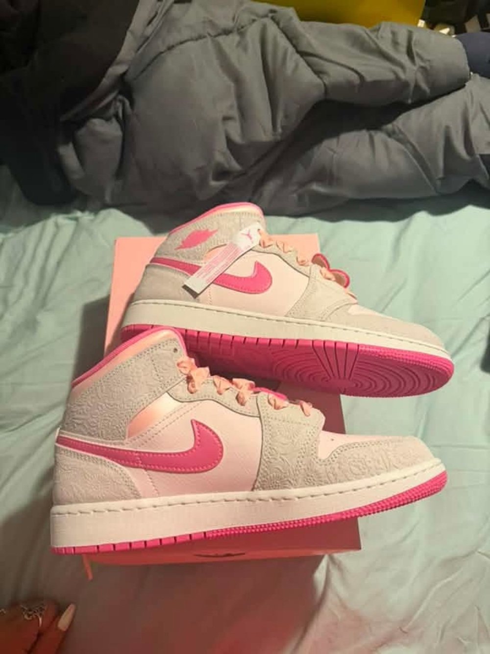Nike Kids Pink and Light Gray Jordan 1s High-Top Sneakers with Hot Pink Swoosh